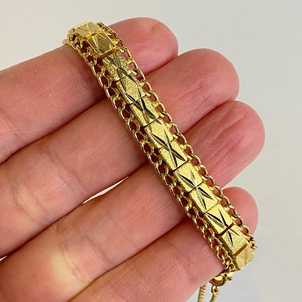 Vintage Gold Tone Geometric Link Bracelet Etched Rope Safety Chain 6.5" Retro - Picture 2 of 11